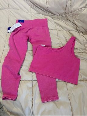 JoyLab Hot Pink Ribbed High-Rise Leggings L with Matching One Shoulder Top XL